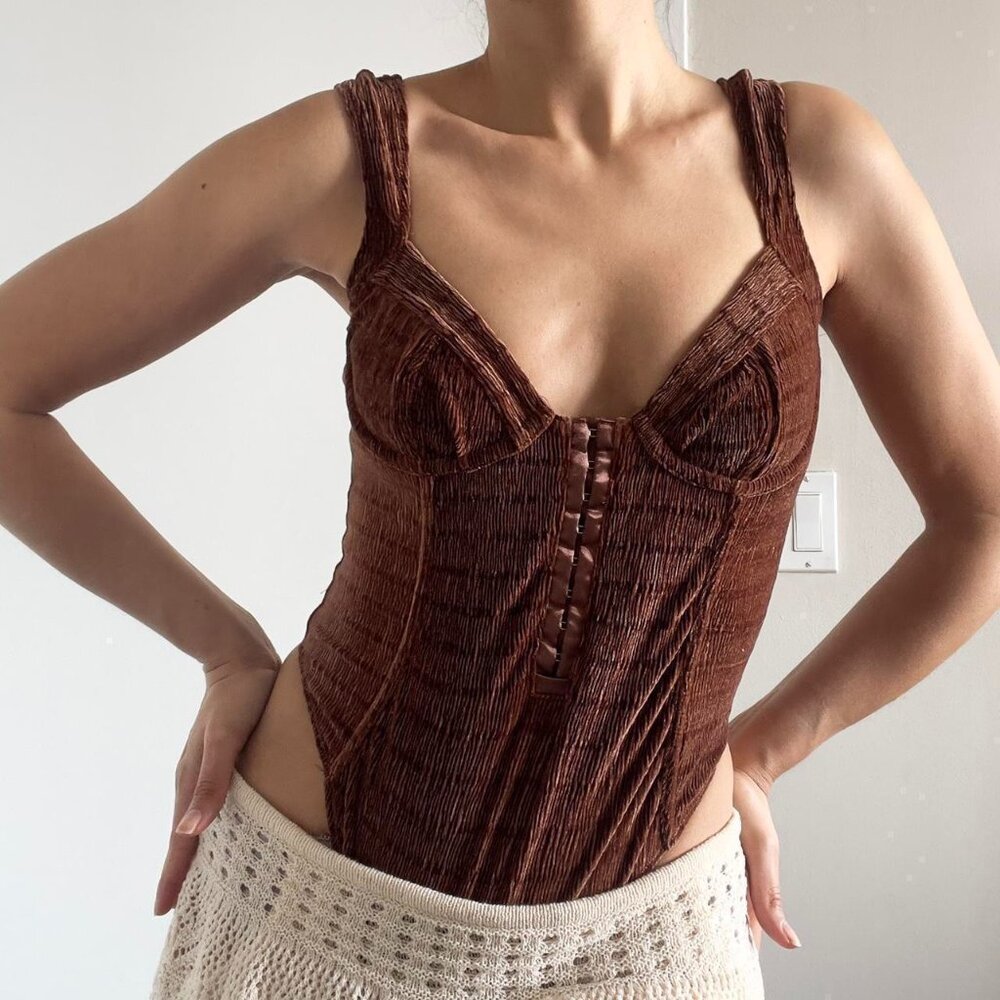 Out From Under | Chocolate brown "Luna" corduroy high leg smocking bodysuit | S
